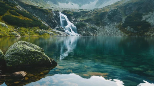 Tranquil Lake and Waterfall in the Mountains