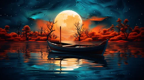 Mystical Moonlit Lake with Boat
