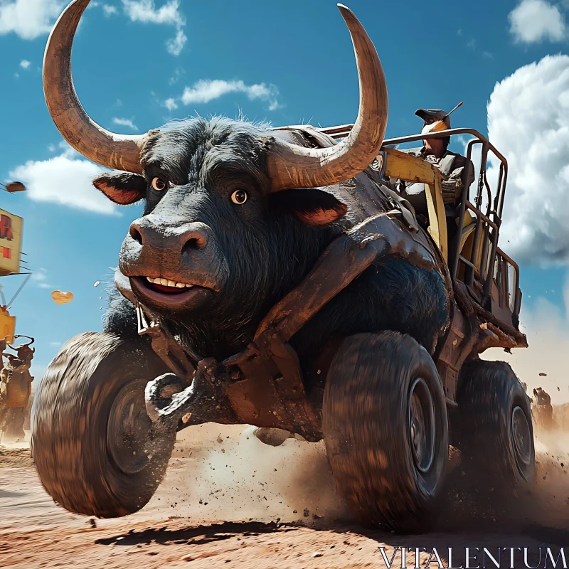 Buffalo-Machine Hybrid in a Dusty Ride AI Image