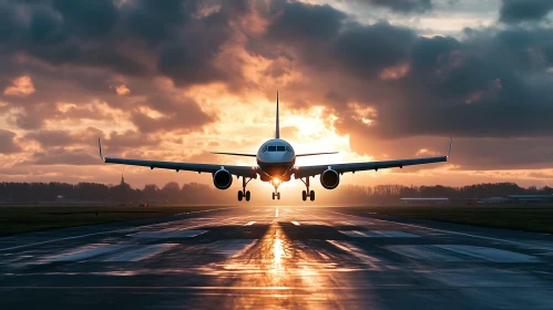 Airplane Landing During Sunset