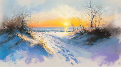 Winter Sunset over Snowy Beach Scene