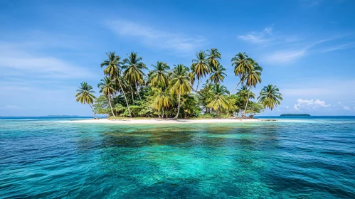 Idyllic Island with Palm Trees in Clear Blue Ocean