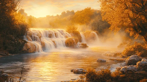 Sunset Waterfall in Nature's Golden Light