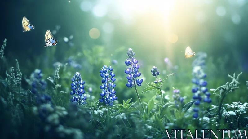AI ART Lupine Flowers and Butterflies in Sunlit Field