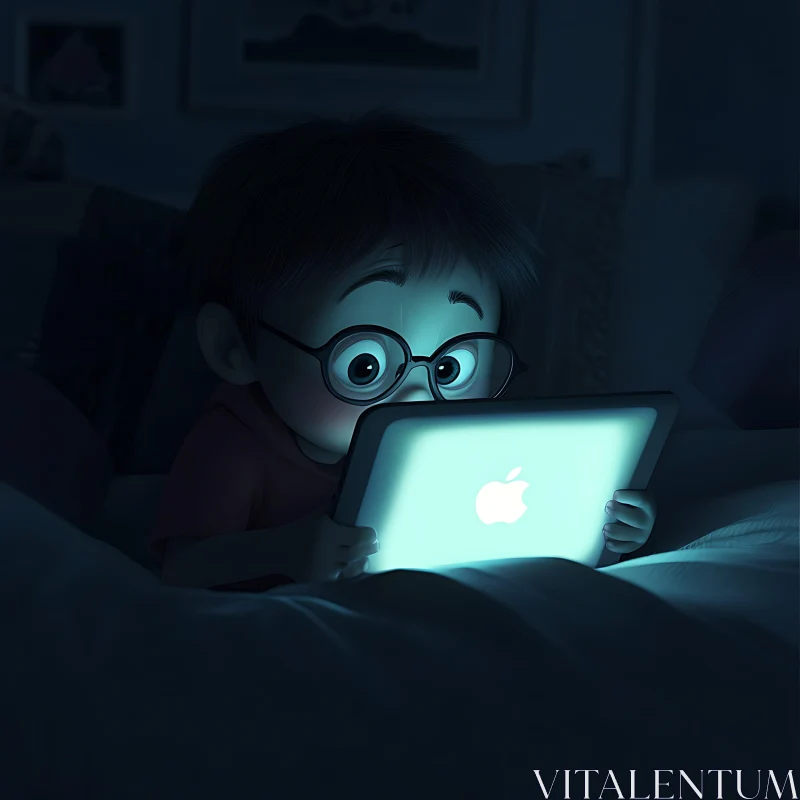 Young Child Engrossed with Tablet at Night AI Image