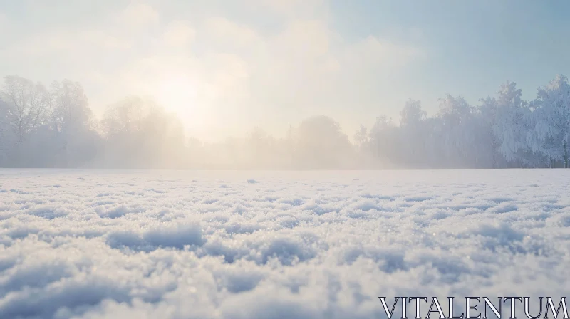 AI ART Sunrise Over Snowy Field and Frosted Trees