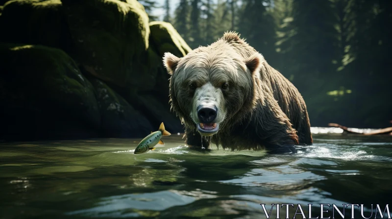 Bear in River Holding Fish - A Wilderness Portrait Rendered in Unreal Engine AI Image