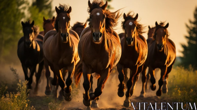 Captivating Scene of Brown Horses Running at Sunset AI Image