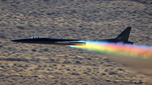 Jet Aircraft with Multicolored Contrail Over Desert