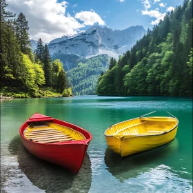 Serene Lake View Featuring Bright Boats and Scenic Mountains