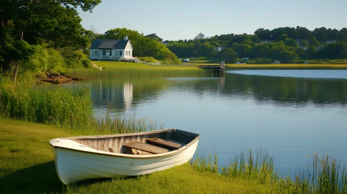 Serene Lake Landscape with Boat and Cottage