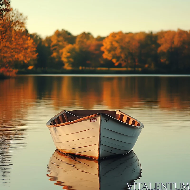 Solitary Boat on Tranquil Autumn Lake
