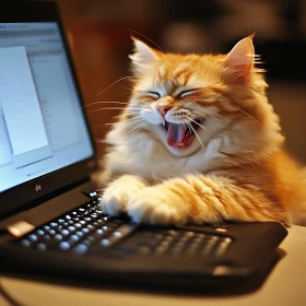 Fluffy Cat Enjoying Technology with a Yawn