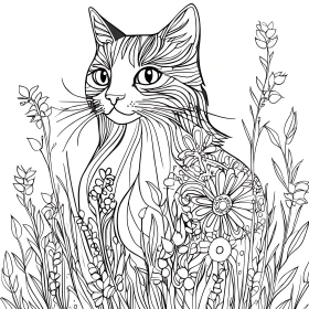 Detailed Cat Sketch with Flowers