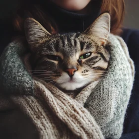 Warm and Cozy Tabby Cat Wrapped in Blanket