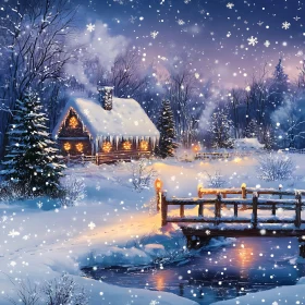 Cozy Cabin in Snowy Winter Landscape with Glowing Lights