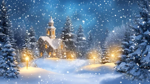 Charming Church Amid Snowy Forest on a Winter Night