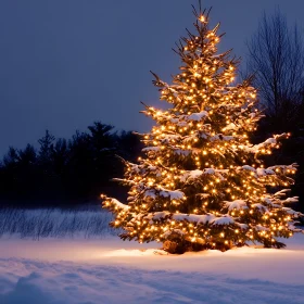 Magical Lit Christmas Tree in Snowy Field