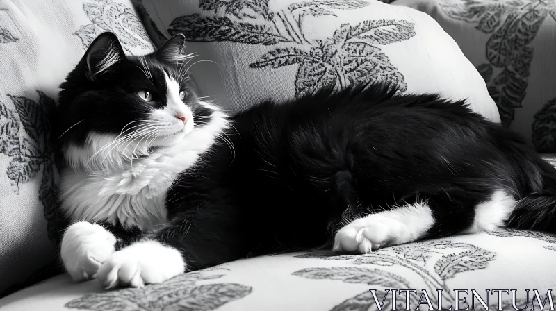 Cat Relaxing on Leaf Designed Couch