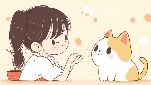 Cute Anime Illustration of Girl and Cat