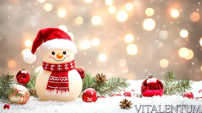Snowman with Santa Hat and Christmas Ornaments
