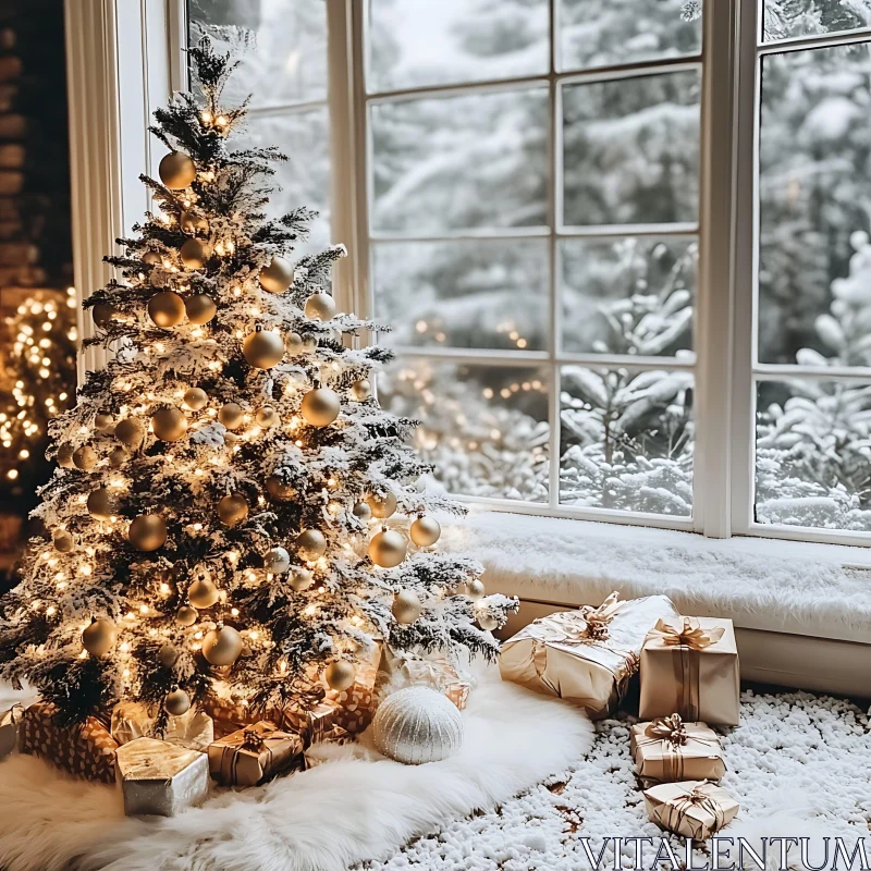 AI ART Festive Christmas Tree with Golden Decorations and Snowy View