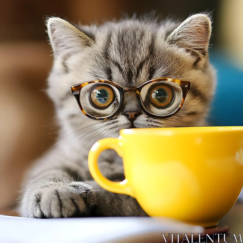 Curious Kitten with Glasses by a Yellow Cup AI Image