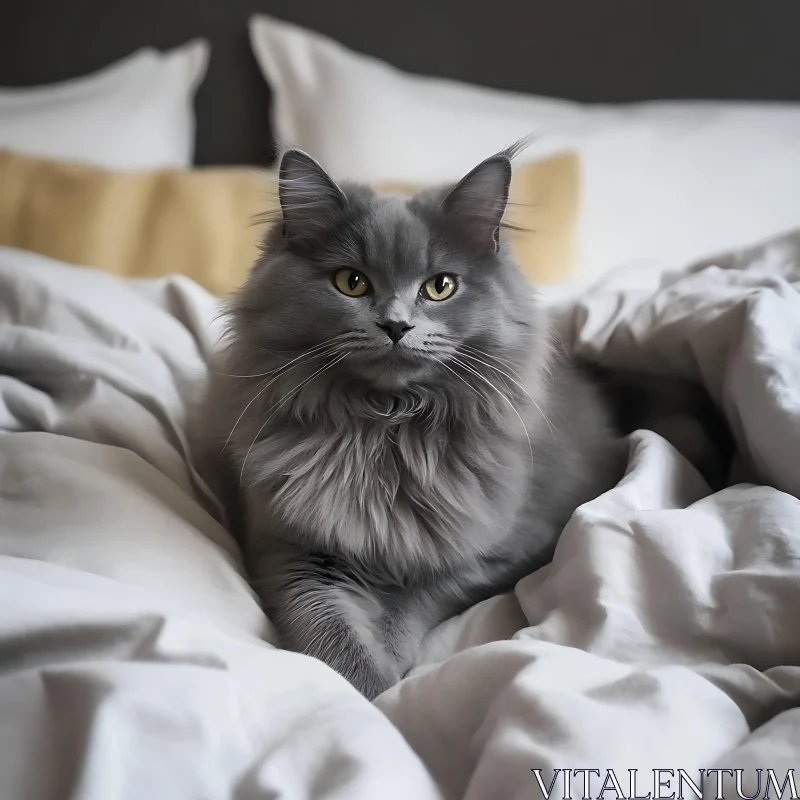 Comfortable Grey Cat on Bed AI Image