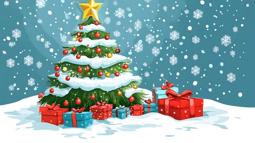 Christmas Tree with Gifts in Snow