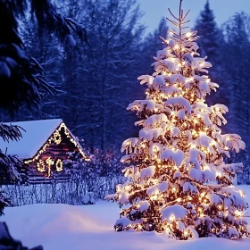 Snowy Christmas Tree and Decorated Cabin Scene