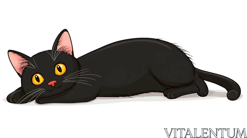 Black Cat Contentedly Lying Down Cartoon Art