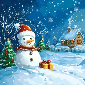 Christmas Snowman Under Falling Snowflakes