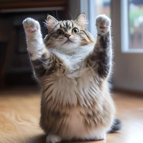 Playful Fluffy Cat Standing on Hind Legs