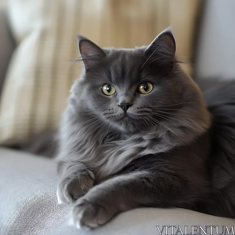 Relaxed Gray Fluffy Cat on Soft Surface