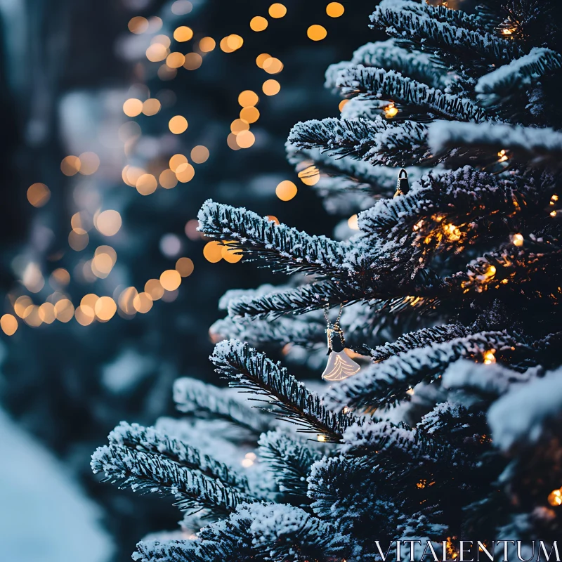 Festive Close-up of Snowy Christmas Tree AI Image
