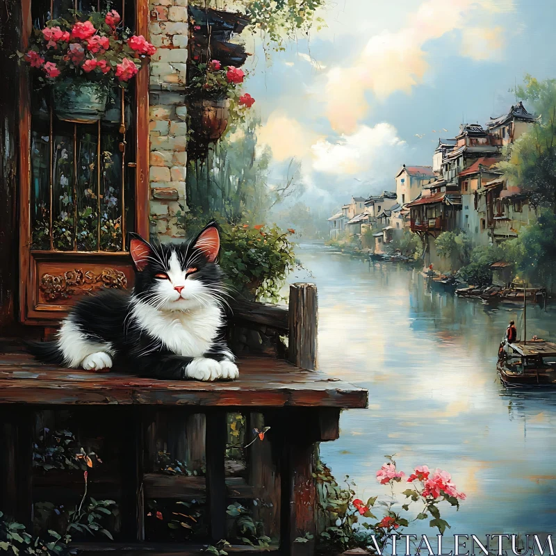Tranquil Village River with Resting Cat and Flowers