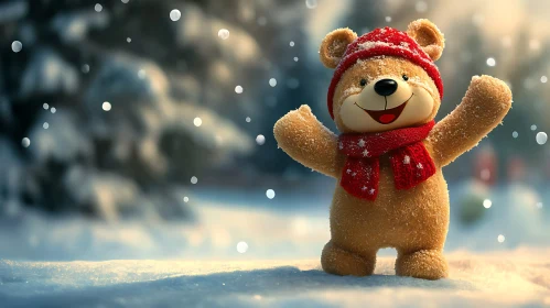 Winter Teddy Bear with Red Scarf and Hat