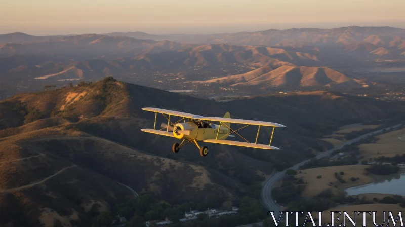 Biplane Flying Over Mountain Landscape - Aerial Adventure View AI Image