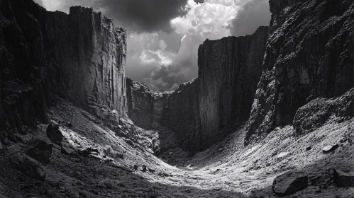 Black and White Canyon Scene with Steep Cliffs