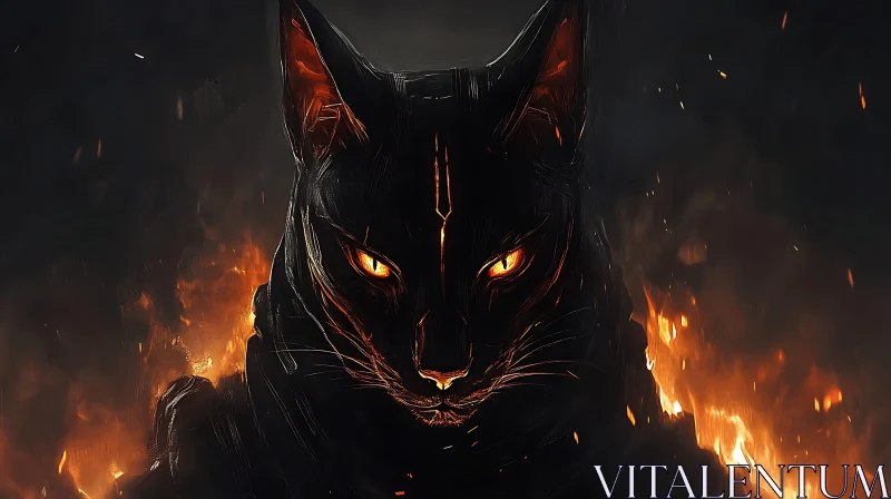 Glowing Eyes of a Black Cat in Flames