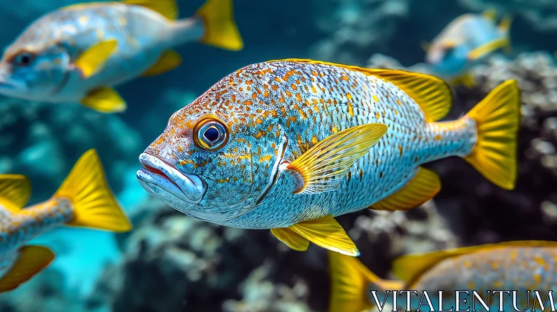 Captivating Underwater Photograph: School of Bluecheek Snappers in Coral Reef