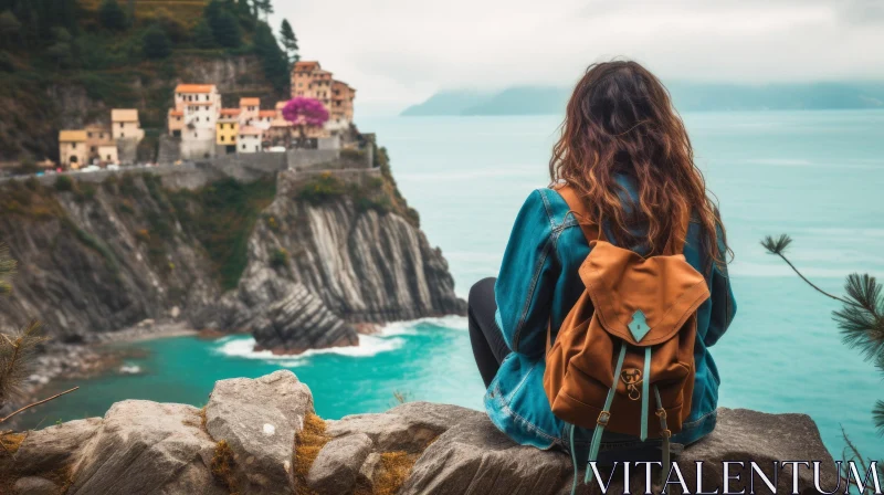 Captivating View of a Young Girl with a Backpack Overlooking Cinque Terre AI Image