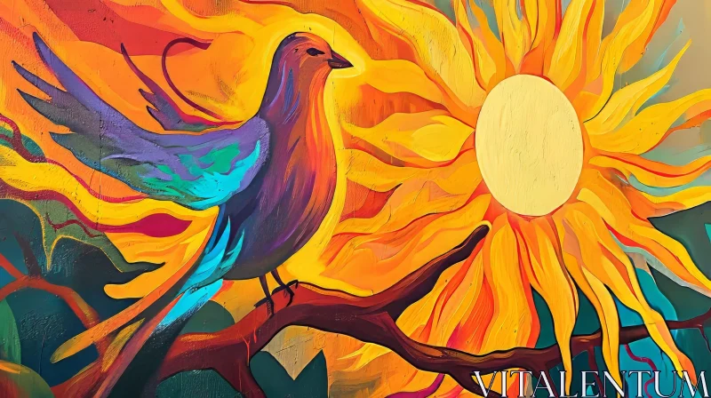 Colorful Bird and Sunflower Painting | Folk Art Inspired AI Image