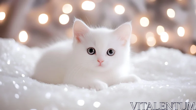 Cute White Kitten with Fuzzy Surface and Bokeh Lights AI Image