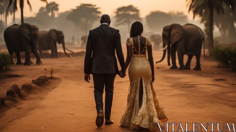 Elegant Couple with Elephants: A Romantic Stroll in Gold Hues AI Image