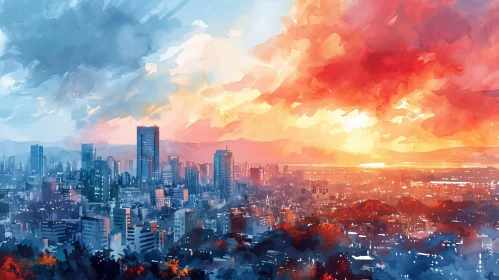 Enchanting Watercolor Cityscape Painting | Captivating Sunset Sky
