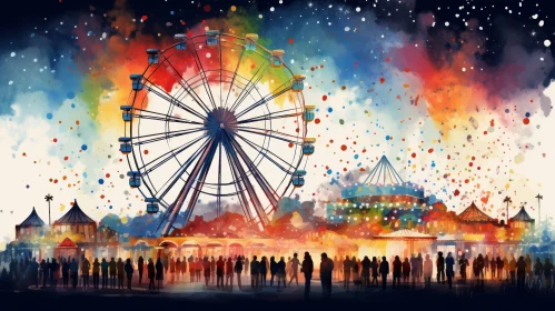 Enchanting Watercolor Painting of Fair with Ferris Wheel