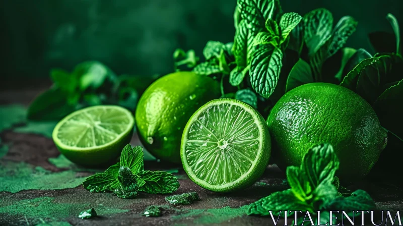 AI ART Fresh Green Limes with Mint Leaves on Dark Background