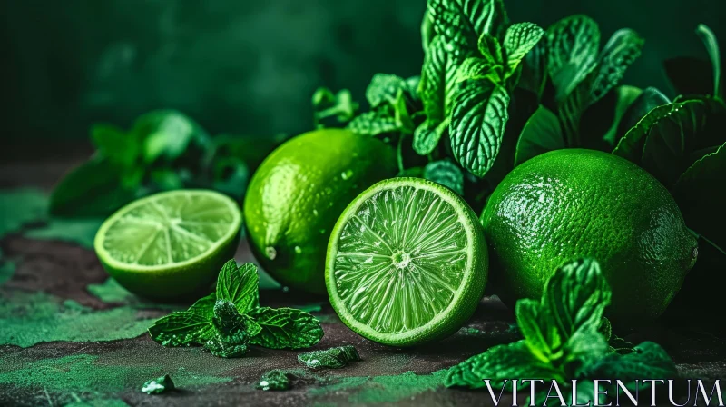 Fresh Green Limes with Mint Leaves on Dark Background