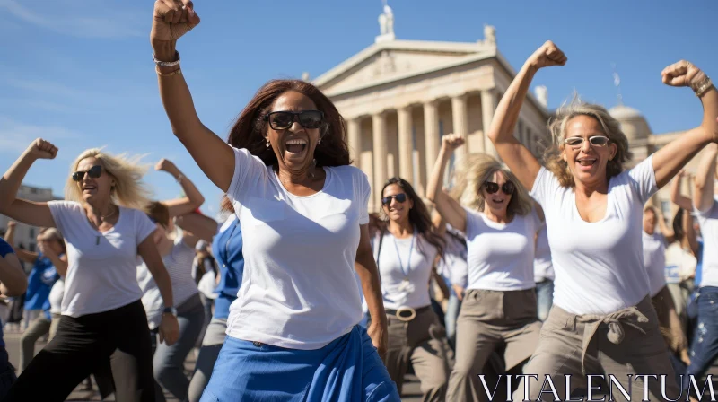 Joyful Women Dancing in Front of Classical Building AI Image
